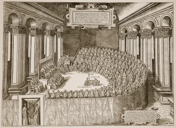 Council of Trent, 1563, from an etching published in Venice in 1565, illustration from The Church of England: A History for the People by H.D.M. Spence-Jones