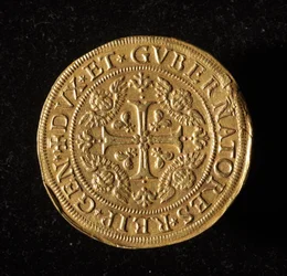 Currency of the Republic of Genoa: 12.5 gold doppie coin. Diam. 61 mm. 1656. Front. Genoa Musei di Strada Nuova