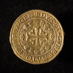 Currency of the Republic of Genoa: 12.5 Gold Doppie Coin. Diam. 61 mm. 1656. Front. Genoa, Musei di Strada Nuova (inv. 6456)