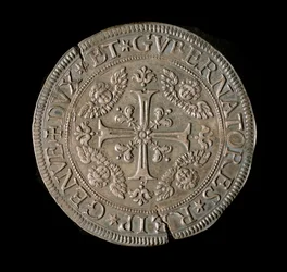 Currency of the Republic of Genes: ECU wide in silver. Diam. 61 mm. 1693. front. Genes Musei di Strada Nuova