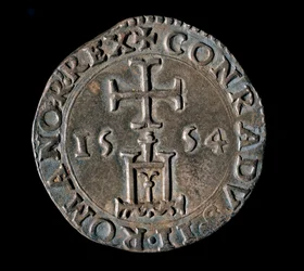 Currency of the Republic of Genes: silver teston (or testone) of the Benediction. Front representing the Genoa portal under a cross. 1554 Genes, Musei di Strada Nuova