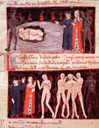 Dante and Virgil meet Ugolino, traitor (song 23 from Hell in the Divine Comedy) (miniature)