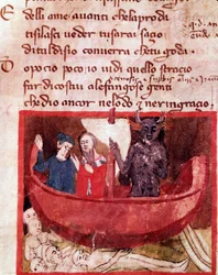 Dante and Virgil on the Phlegyas boat meet Filippo Argenti (song 8 from Hell, in the Divine Comedy)