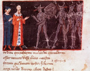Dante and Virgil speak with Malacoda, leader of the Malebranche squadrons (Canto 21 of Inferno in the Divine Comedy)