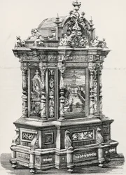 Ebony cabinet with inlays by cabinet maker Alessandro Monteneri of Perugia, illustration from Italian exhibition in 1881 in Milan, Italy