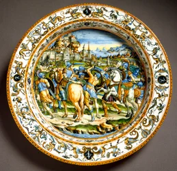 Episode from the life of Julius Caesar. Ceramic plate produced in Urbino in the Fontana workshop, Italy. Around 1550, Florence, Museo Nazionale del Bargello