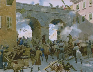 Events from 18th to 22nd March 1848, Milanese chasing out Austrians, illustration from an album on the history of Risorgimento made for the chocolate Talmone