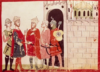 Federico II reaching an agreement with the Sultan of Jerusalem, miniature from the Chronicles of Giovanni Villani, manuscript, Italy 14th Century