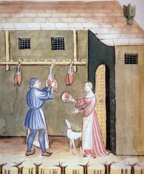 The Butchers: Selling Animal Hearts, from Tacuinum Sanitatis Codex Vindobonensis
