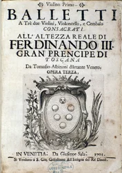 Frontispiece of musical score of Balletti a tre, opera III by Tomaso Albinoni (1671-1750)