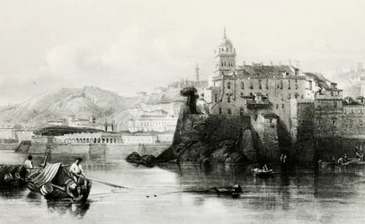 Genoa marina wall with Villa Doria Pamphili in background, engraving, Italy