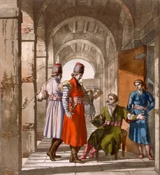 Georgian Men Chatting and Smoking in an Arcade, c.1820s-30s