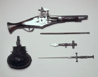 Group of Weapons: Wheellock Pistol, Winding Key, Powder Flask and Stiletto