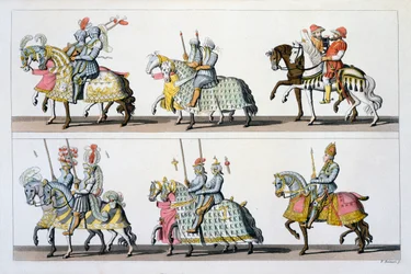 Holy Roman Empire: Participants in a tournament at the Castle of Luxembourg in the time of Maximilian I, from Costumi dei Romani, Svizzeri.. c.1800-18