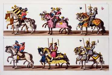 Holy Roman Empire: Participants in a tournament at the Castle of Luxembourg in the time of Maximilian I, from Costumi dei Romani, Svizzeri.. c.1800-18