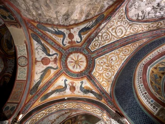 Interior view of the chapel of Saint Gregoire decorated with frescoes of Byzantine influences. Monastery of Saint Benedetto, Subiaco, Italy