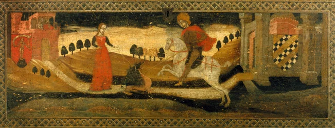 Knight killing a dragon in the presence of a princess