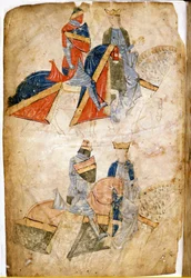 Lancelot du Lac with Queen Guinevere. Manuscript by Rusticano da Pisa. 13th century, Venice, Biblioteca Marciana