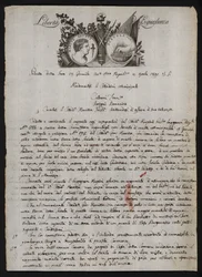 Letter in Italian, with a depiction of the head of Brutus the younger, a burning hand representing Gaius Mucius Scaevola, and the motto of the French Revolution