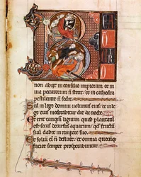 Lettrine B decorated with the representation of King David playing psalterion and who decks Goliath. Page from the manuscript 