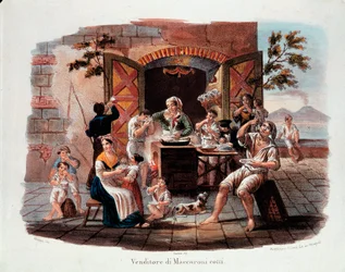 Little Neapolitan metier: a salesman of cooked maccheroni. In the distance the Vesuvius on the bay of Naples. Lithograph of the 19th century. Museo Nazionale delle Paste Alimentari, Fondazione Agnesi, Rome