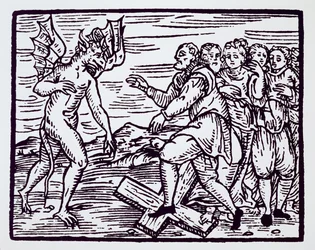 Male witch renouncing Christ, copy of an illustration from Compendium Maleticarum by Fr M Guaccius, used in History of Magic