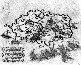 Map of the Island of Tinos with the Venetian Fleet, 17th Century