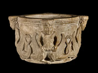Medieval Stouch with Mermaid Figures in Carved Stone (Early 12th Century)