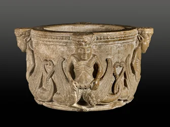 Medieval Stouch with Mermaids Figures in Carved Stone, Early 12th century