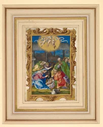 Miniature of the Nativity with the Holy Family and shepherds in a stable, with three putti bearing an inscribed scroll above and the annunciation to the shepherds in the background