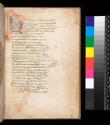 Ms 315. Horace, Ars Poetica and Epistulae, f.1r. Decorated Initial [N] in Blue and Red Diapered Infill and Surrounding Penwork in Red
