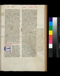 Ms 342. Caesar, Opera, f.38r. Initial [E] in Blue with Pen-Flourished Decoration in Red