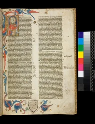 Ms 370. Orosius, Historiarum Adversum Paganos Libri Septem, f.2r. Illuminated Inhabited Initial [P], with Portrait of Author Dressed as a Bishop, and Partial Border with Foliate Motifs, Bologna or Padua