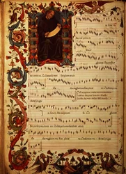 Page of Musical Notation with historiated initial, from the Squarcialupi Codex, produced at the Florentine monastery of S. Maria degli Angeli
