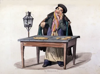 Naples, pizza salesman (engraving after a painting by F. Palizza, from a work by Francesco de Bourcard 