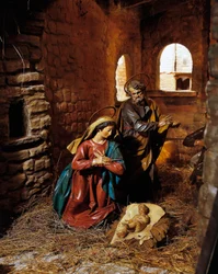 Nativity, nativity scene from Madonnetta sanctuary, wooden figurines, Genoa, Liguria, Italy