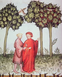 Two Friends Out for a Walk Together, from Tacuinum Sanitatis Codex Vindobonensis