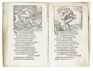 Page from "Sonetti Lussuriosi" by Pietro Aretino, illustrated by Giulio Romano and engraved by Marcantonio Raimondi, published in Venice, c. 1527
