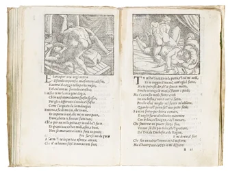 Page from "Sonetti Lussuriosi" by Pietro Aretino, illustrated by Giulio Romano and engraved by Marcantonio Raimondi, published in Venice, c. 1527