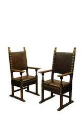 Pair Walnut Leather Upholstered Throne Chairs, Italy c.1660