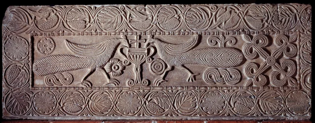 Parapet of stone covered with low reliefs representing peacocks, From the sarcophagus of Teodote, 8th century