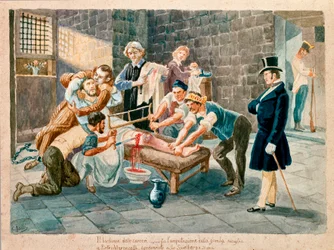 Patriot and member of the Carboneria Pietro Maroncelli was amputated of his leg during his imprisonment in the penitentiary of the fortress of Spielberg in Moravia. Prints of the 19th century