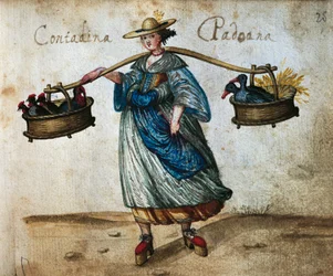 Peasant with courtyard animals in baskets, Female peasant from Padua, colour illustration from the 16th century