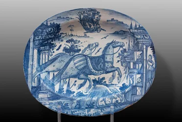 Plate decorated with racing horses and a coat of arms, first half of the 18th century