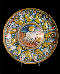 Plate with two hands shaking, work by Gubbian manufacture