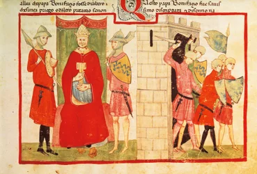 Pope Boniface VIII at Anagni and the expelling of Sciarra Colonna from the city, miniature from the Chronicle of Giovanni Villani, manuscript, Italy 14th Century