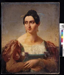 Portrait of a Woman. Young woman of Italian nobility, dressed in a gown with ribbons on the shoulders.