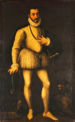 Portrait of a Gentleman, full-length, Wearing an Embroidered White Jerkin, a Cloak and a Sword, c.1580