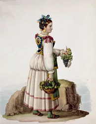 Portrait of Young Woman from Capri, in Traditional Dress, Holding Grapes