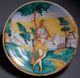 Plate decorated with a flute player, end of 16th century, Viterbo, Italy